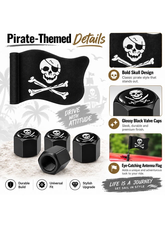 Pirate Skull Car Decor Set, 4 Pack Black Zinc Alloy Wheel Tire Valve Dust Caps + Mini Pirate Flag Ornament, Universal Auto Exterior Accessories for Vehicle, Motorcycle, Bicycle - Image 3