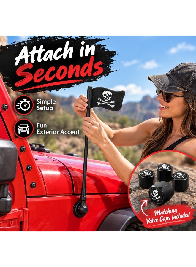 Pirate Skull Car Decor Set, 4 Pack Black Zinc Alloy Wheel Tire Valve Dust Caps + Mini Pirate Flag Ornament, Universal Auto Exterior Accessories for Vehicle, Motorcycle, Bicycle - Image 5