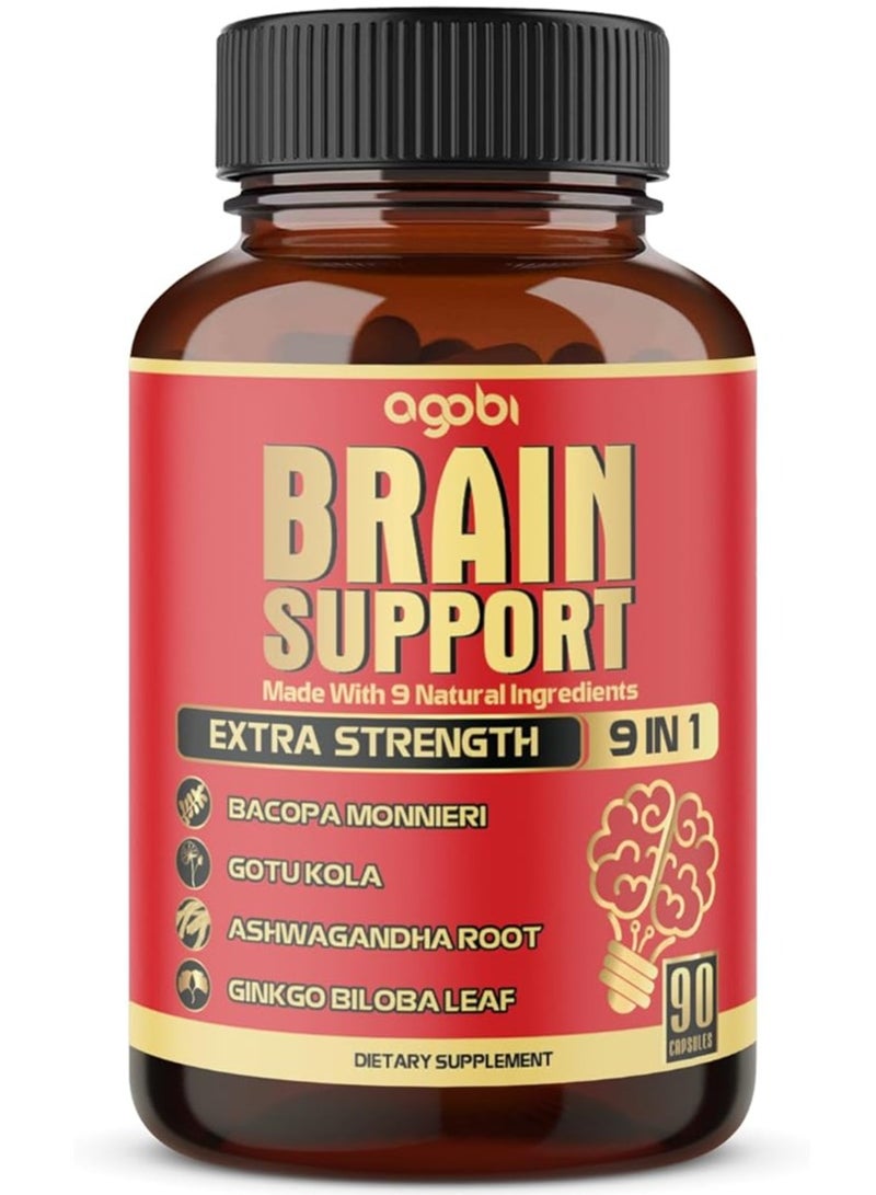agobi agobi 9in1 Brain Support Supplement, Equivalent to 5750mg of 9 Herbs - Concentrated Ashwagandha Root, Gotu Kola Powder, Bacopa Monnieri Powder and More - 90 Capsules - 3-Month Supply  - Image 1