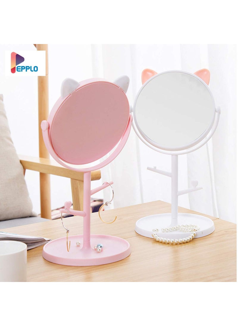 Pepplo Tabletop Cat Shape Makeup Mirror Shaving Mirror Free Standing Table Vanity Mirror On Stand With Rotation 1Pcs White Round Framed Glass