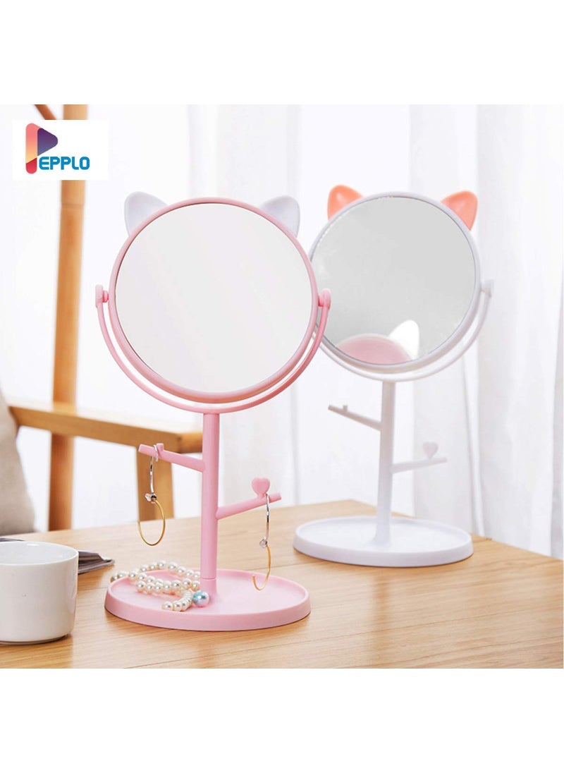 Pepplo Tabletop Cat Shape Makeup Mirror Shaving Mirror Free Standing Table Vanity Mirror On Stand With Rotation 1Pcs White Round Framed Glass