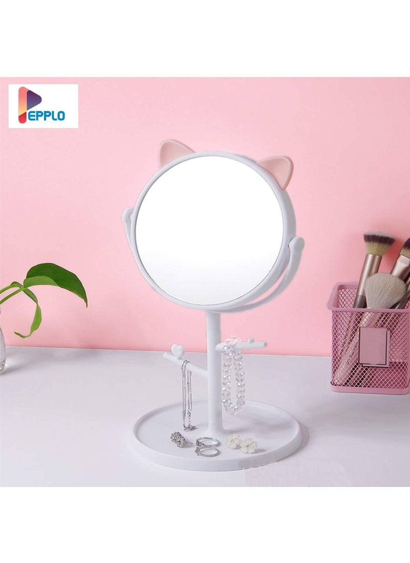 Pepplo Tabletop Cat Shape Makeup Mirror Shaving Mirror Free Standing Table Vanity Mirror On Stand With Rotation 1Pcs White Round Framed Glass
