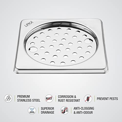 LIPKA Eon Square with Plain Jali Floor Drain |Premium Stainless Steel |5 x 5 Inches| with Lock| - Image 4