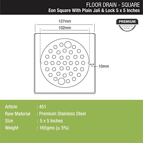 LIPKA Eon Square with Plain Jali Floor Drain |Premium Stainless Steel |5 x 5 Inches| with Lock| - Image 2