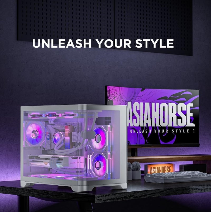 علبة كمبيوتر برج Micro-ATX AsiaHorse Pegasus، تصميم بانورامي من الزجاج المقسى بزاوية 270 درجة بدون أعمدة، دعم مبرد AIO بحجم 360 مم / 9 مراوح، منافذ Type-C + USB 3.0، مناسبة لبطاقة رسوميات بحجم 400 مم / مصدر طاقة ATX، لوحة أم MATX/ITX (أبيض) - Image 2