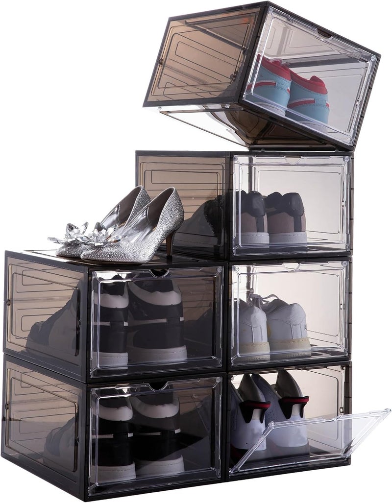 Attelite Shoe Box,Set of 6,Stackable Plastic Clear Shoe Box Organizer with Magnetic Door,Shoe Storage Box Thicken Sturdy,Easy Assembly,Fit up to US Size 12,Black - Image 1
