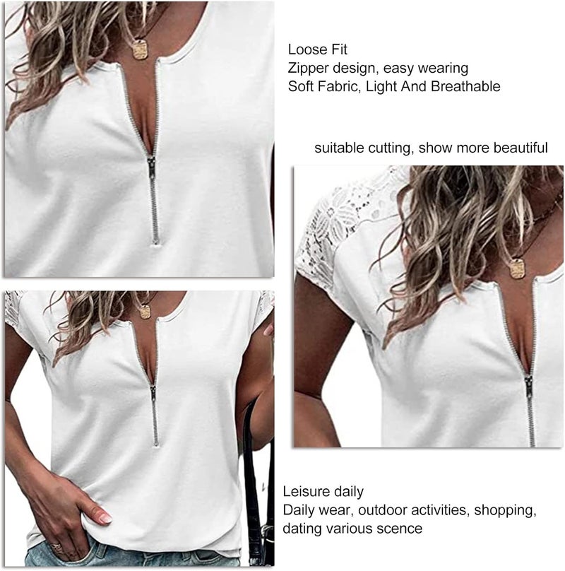 klarako Women Short Sleeve T Shirt Summer Casual Crewneck Basic Tank Top Zipper Design Loose Solid Round Neck Blouse Tee Tops - Image 4