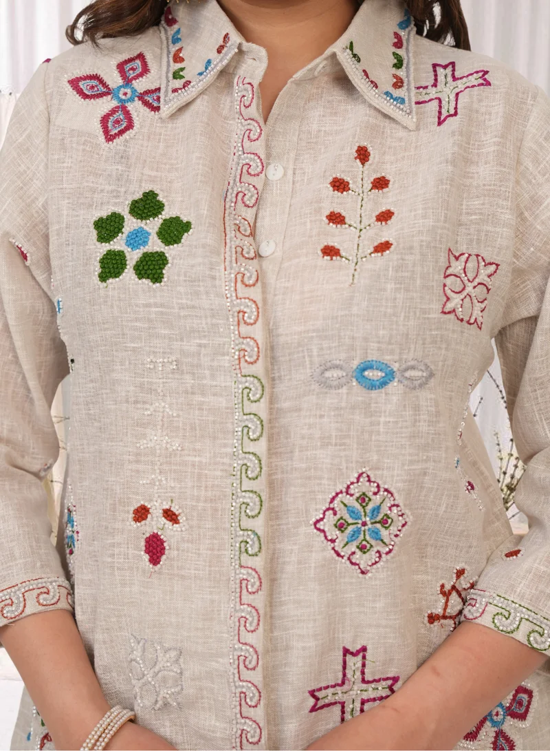 Lehar Beige Multicolor Embroidered Cotton Linen Kurta Set