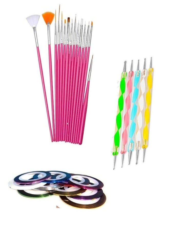 Gugzy 15 pc Nail Art Paint Brushes with 2 Way Marbleising Dotting Pen (set of 5) and 5 Pieces Nail Striping Tape (Pink Silver) - Image 1