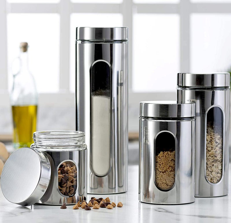Le'raze Quality 4pc Stainless Steel Canister Set for Kitchen Counter with Glass Window & Airtight Lids, Food Storage Containers, Pantry Storage & Organization Set for Coffee, Flour, Pasta, Rice, Spices, Herbs - Image 1