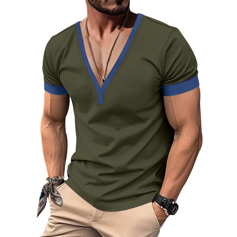2025 عبر الحدود الربيع والصيف قصيرة الأكمام هينلي قميص عادي الرجال V رقبة التباين أعلى ثقيلة عادية رقيقة تي شيرت - Image 3