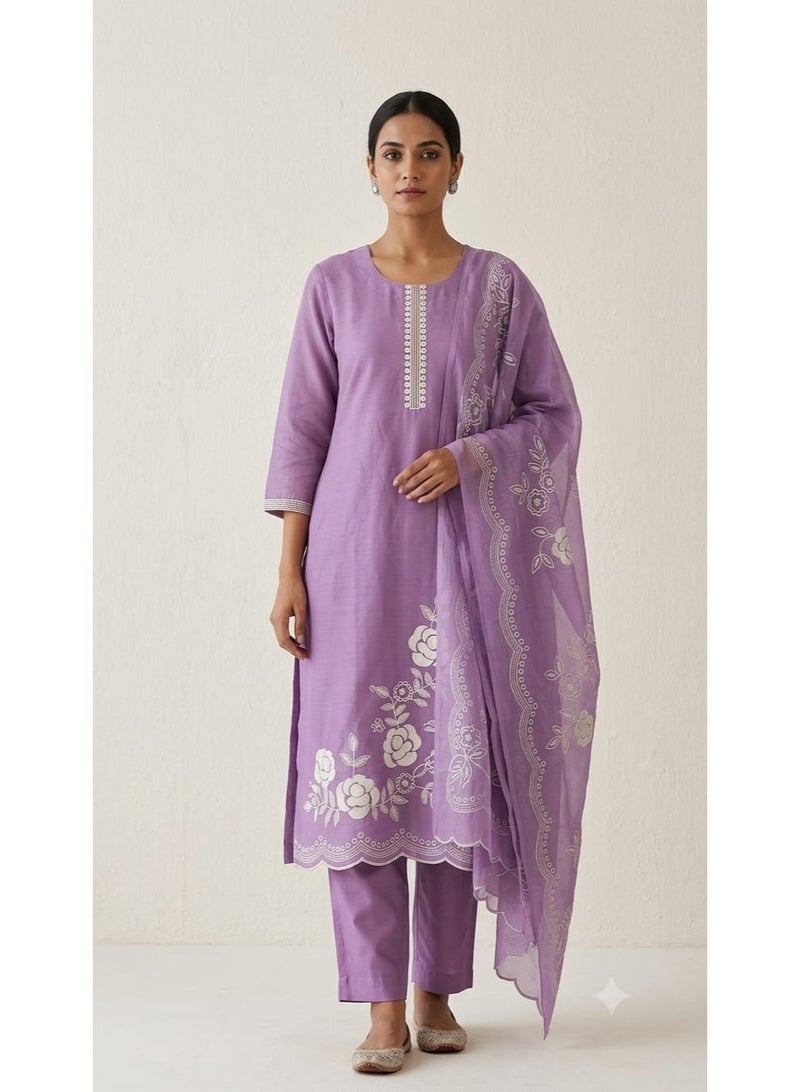 Women's Lavender Embroidered Kurta Suit with Dupatta