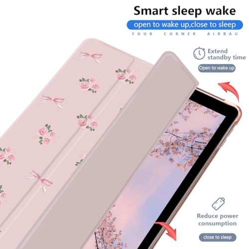 JOYLAND Cute Flower Bowknot Case for iPad(A16) 11th Generation 2025 11"/iPad 10th Generation 2022 10.9" with Pencil Holder Aesthetic Floral Pink Girly Cover Auto Wake/Sleep Foldable Shockproof Case - Image 3