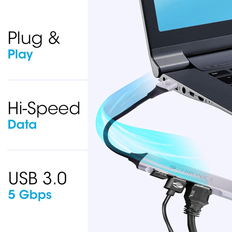 ZEBRONICS محور 200HB USB 3.0 4 منافذ مع نقل بيانات عالي السرعة، هيكل من الألمنيوم + ABS، كابل بطول 15 سم، تصميم أنيق واستخدام سهل - Image 4