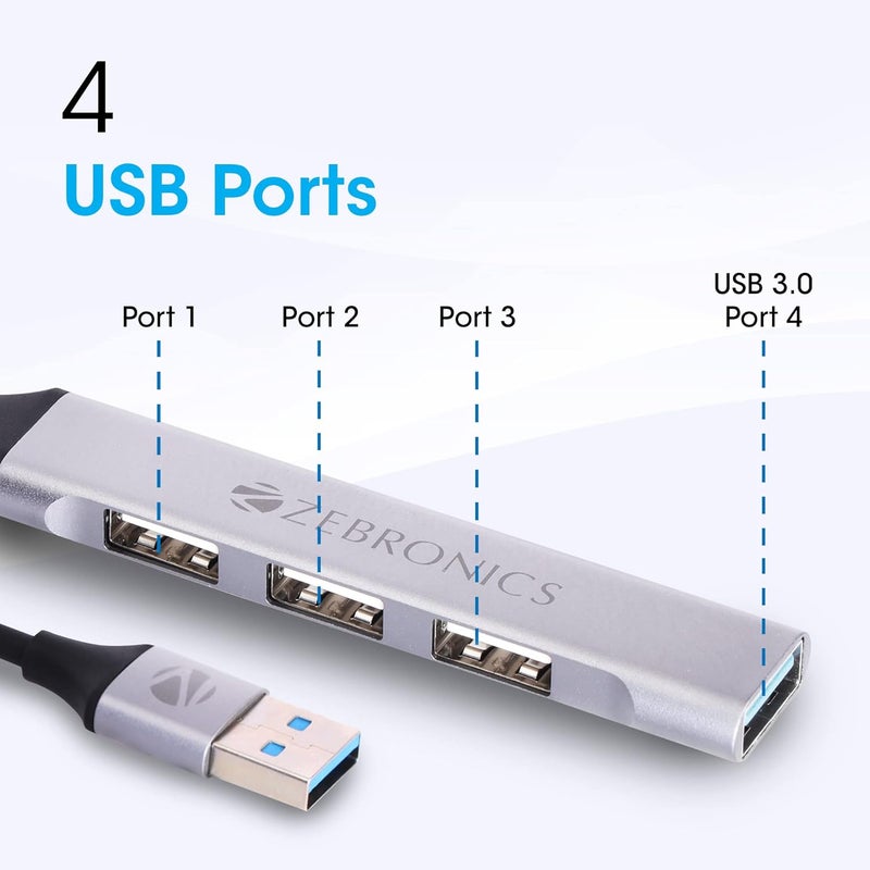 ZEBRONICS محور 200HB USB 3.0 4 منافذ مع نقل بيانات عالي السرعة، هيكل من الألمنيوم + ABS، كابل بطول 15 سم، تصميم أنيق واستخدام سهل - Image 5