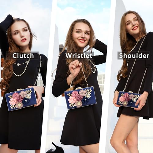 Milisente Evening Bag for Women, Flower Wedding Evening Clutch Purse Bride Floral Clutch Bag(Blue) - Image 2