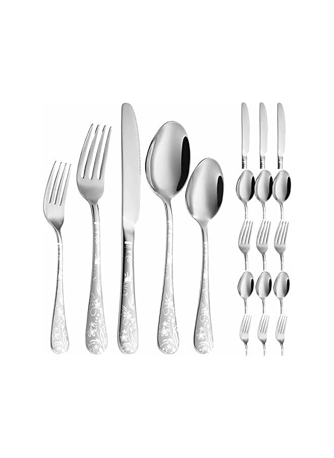 vesus - Silverware Set, Stainless Steel Flatware Cutlery Set Includes Forks Knives Spoons, Unique Pattern Design Kitchen utensils set for Home Restaurant Hotel, Dishwasher Safe, 20 Pieces (Silver) - Image 1