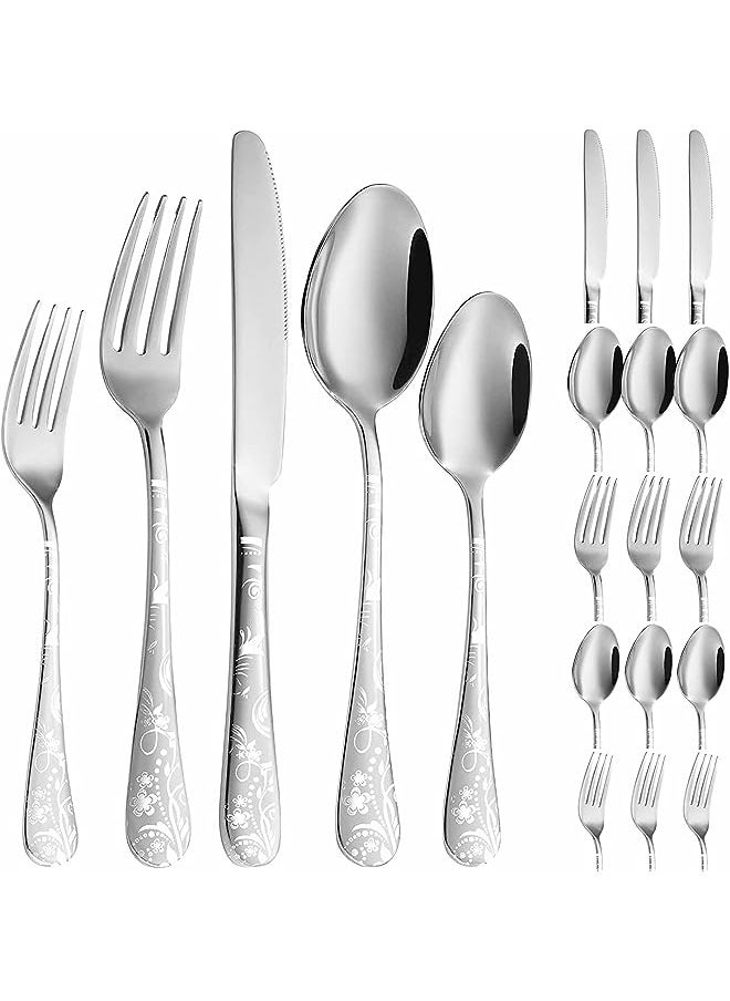 vesus - Silverware Set, Stainless Steel Flatware Cutlery Set Includes Forks Knives Spoons, Unique Pattern Design Kitchen utensils set for Home Restaurant Hotel, Dishwasher Safe, 20 Pieces (Silver) - Image 1
