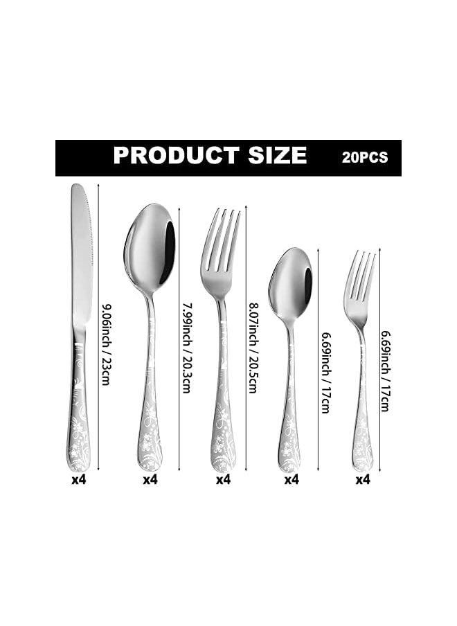 vesus - Silverware Set, Stainless Steel Flatware Cutlery Set Includes Forks Knives Spoons, Unique Pattern Design Kitchen utensils set for Home Restaurant Hotel, Dishwasher Safe, 20 Pieces (Silver) - Image 1