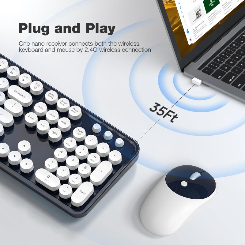 MOFII Wireless Keyboard and Mouse Combo, Computer Full Size 2.4G Plug and Play Wireless Typewriter Retro Round Keyboard and Mouse Set for Windows, Computer, Desktop, PC, Notebook - (Dark Blue) - Image 2
