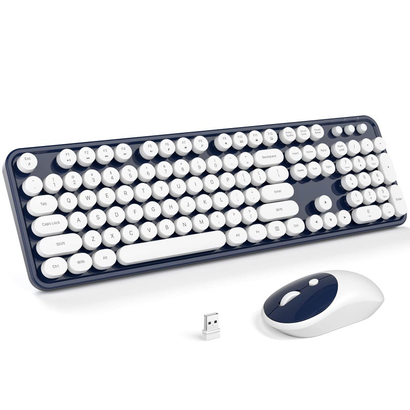 MOFII Wireless Keyboard and Mouse Combo, Computer Full Size 2.4G Plug and Play Wireless Typewriter Retro Round Keyboard and Mouse Set for Windows, Computer, Desktop, PC, Notebook - (Dark Blue) - Image 1