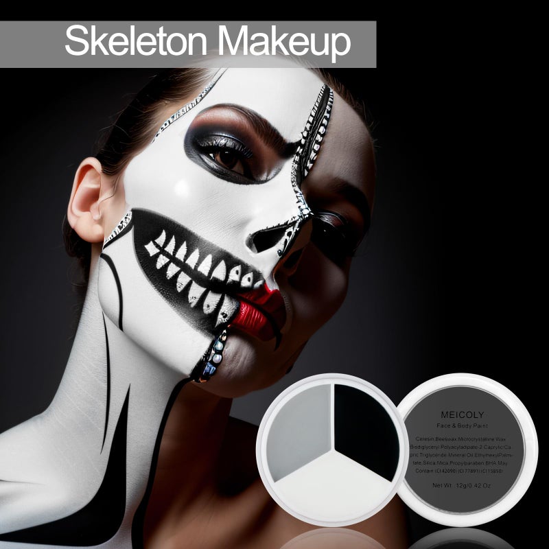 MEICOLY Black White Light Grey Face Body Paint Palette,Halloween Zombie Skeleton Makeup Face Paint,Clown Black White Makeup for Adults and Kids,Professional Body Paint Face Painting for SFX Cosplay - Image 2