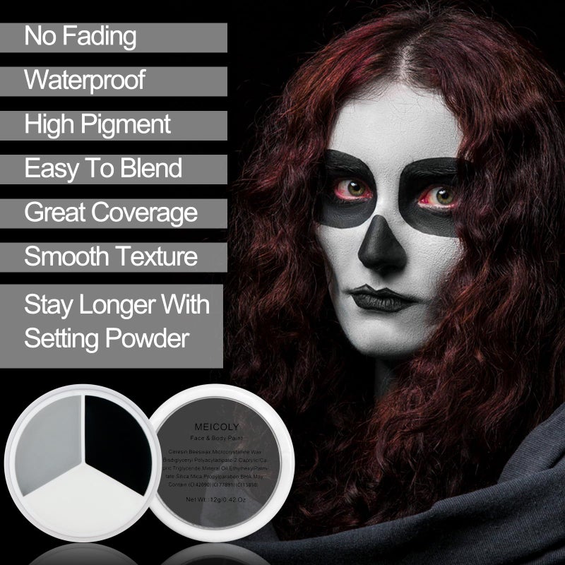 MEICOLY Black White Light Grey Face Body Paint Palette,Halloween Zombie Skeleton Makeup Face Paint,Clown Black White Makeup for Adults and Kids,Professional Body Paint Face Painting for SFX Cosplay - Image 3