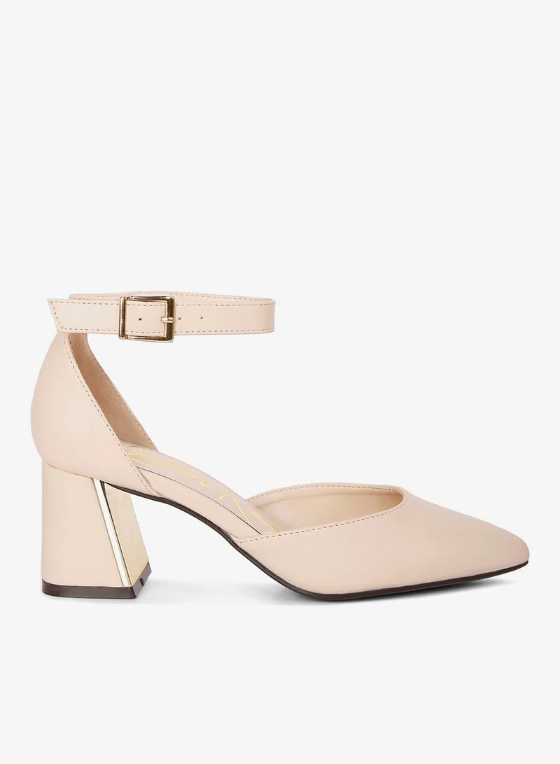 Beige Faux Leather Metallic Accent Heeled Sandals