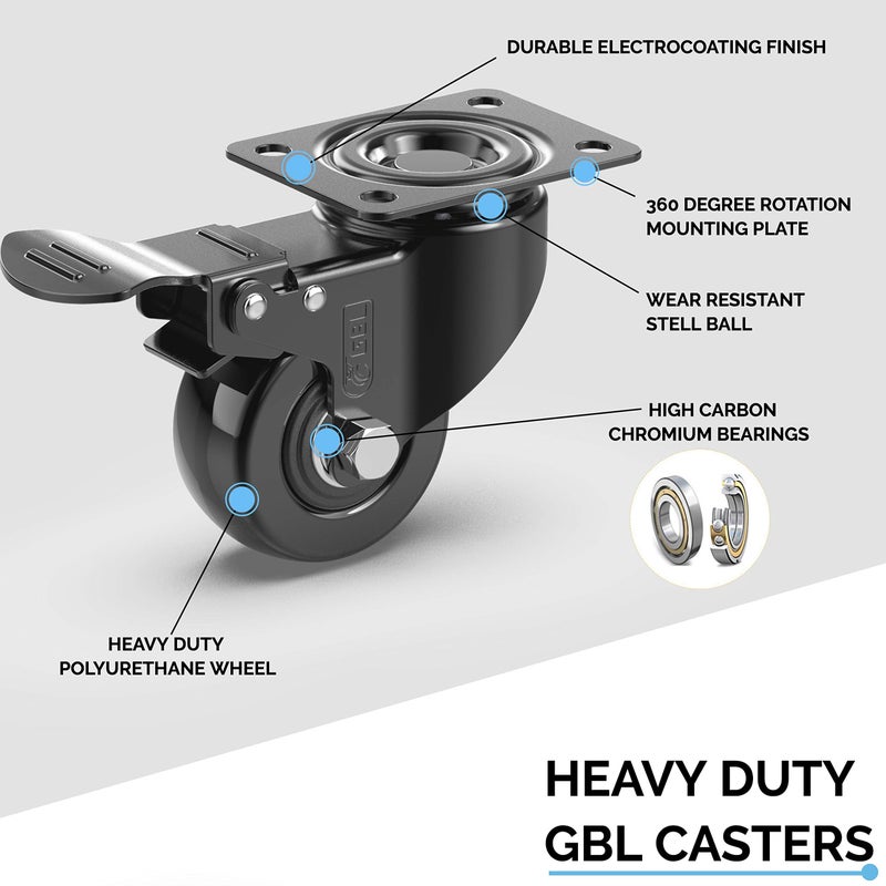 GBL 2" Heavy Duty Caster Wheels with 2 Brakes + Screws - up to 440Lbs - Set of 4 No Floor Marks Silent Castor for Furniture - Rubbered Trolley Wheels - Black Casters - Image 2