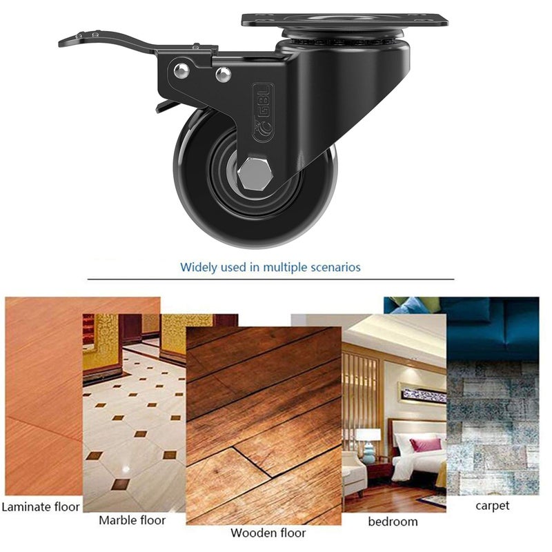 GBL 2" Heavy Duty Caster Wheels with 2 Brakes + Screws - up to 440Lbs - Set of 4 No Floor Marks Silent Castor for Furniture - Rubbered Trolley Wheels - Black Casters - Image 3