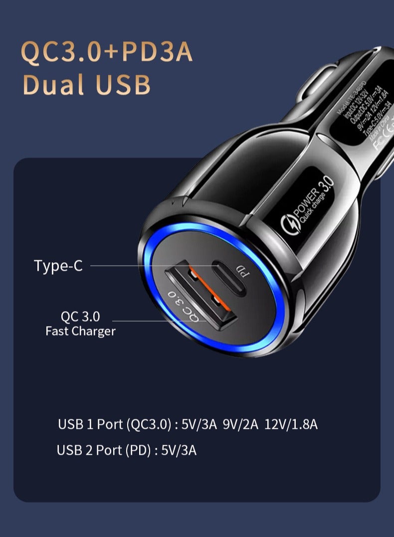 JEEJPV 38W Car Charger Fast Charging iPhone 16 15 Pro Car Power Adapter Dual USB Ports Samsung 45W Fast Car Charger Type C For Galaxy S24 S23 Ultra MacBook Pro Air Xiaomi Apple Watch S10 Airpods 4 Black  - Image 3