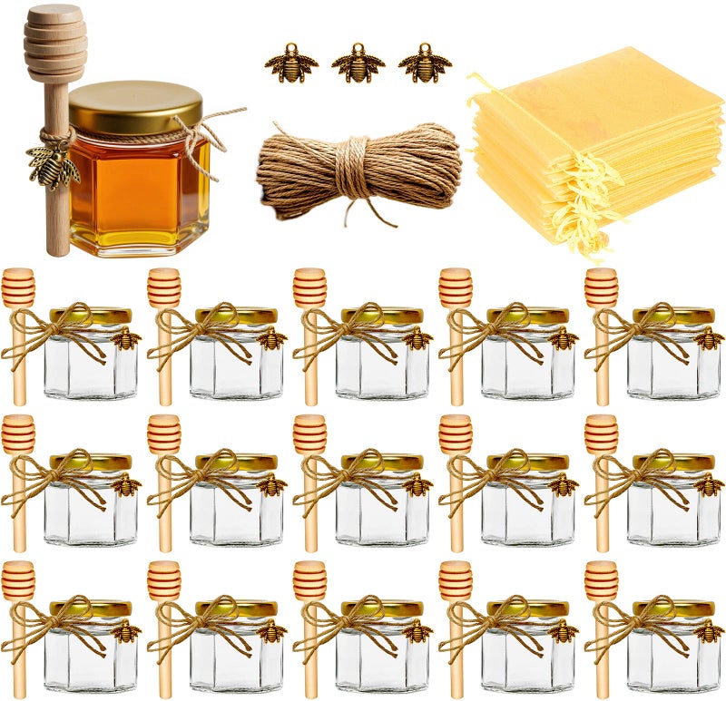 Adabocute Honey Pot 2oz Mini Glass Honey Jars with Wood Dipper Gold Lid Bee Pendants Beige Gift Bags Thankyou Tags Ideal for Baby Showers Favors Wedding Favors 15 Pack