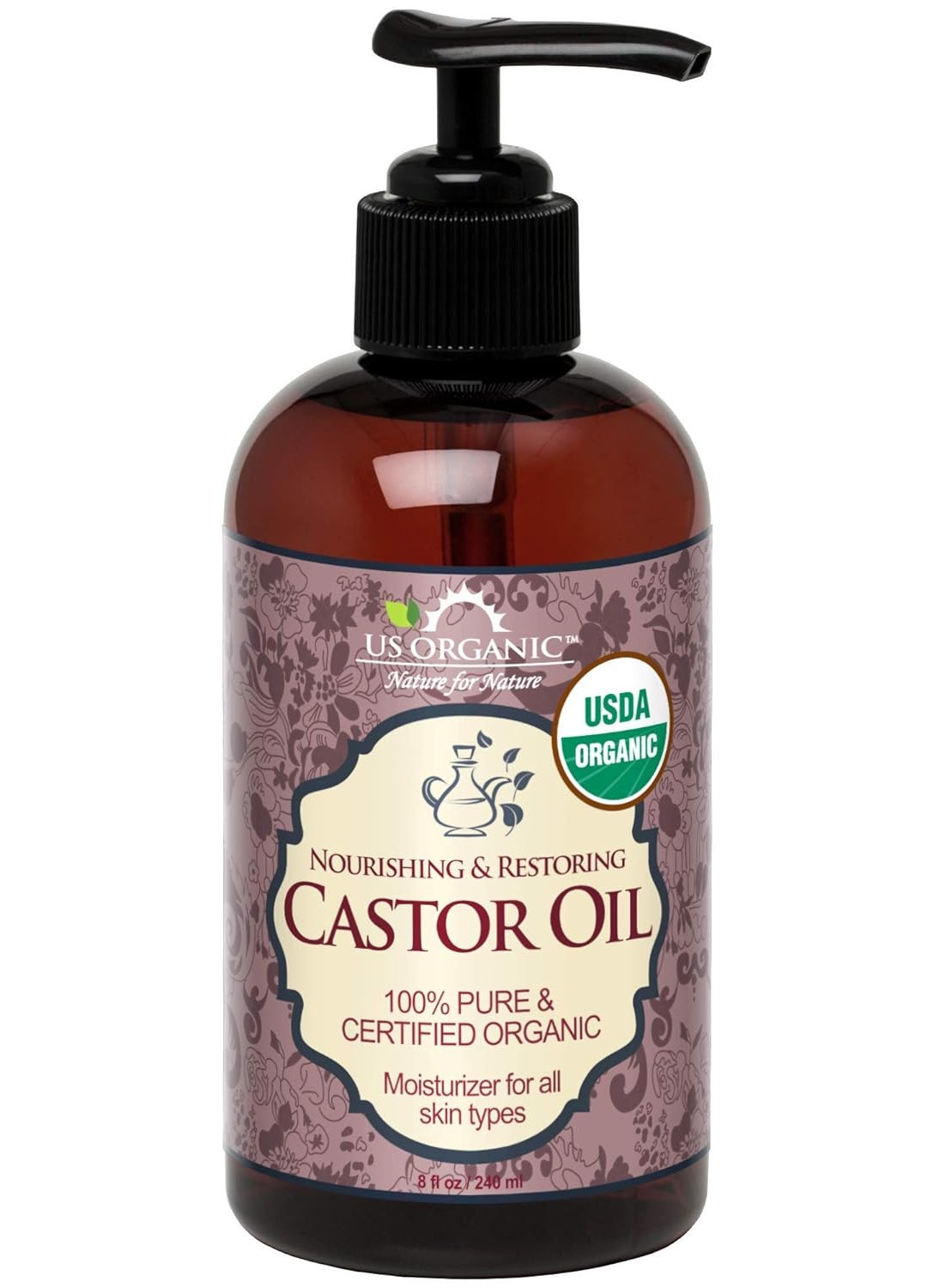 US Organic - US Organic Castor Oil USDA Certified OrganicExpeller Pressed Hexane Free 100 Pure  Natural moisturizing and emollient properties For Skin Hair Care Eyelashes DIY projects 8 oz 240 ml - Image 1