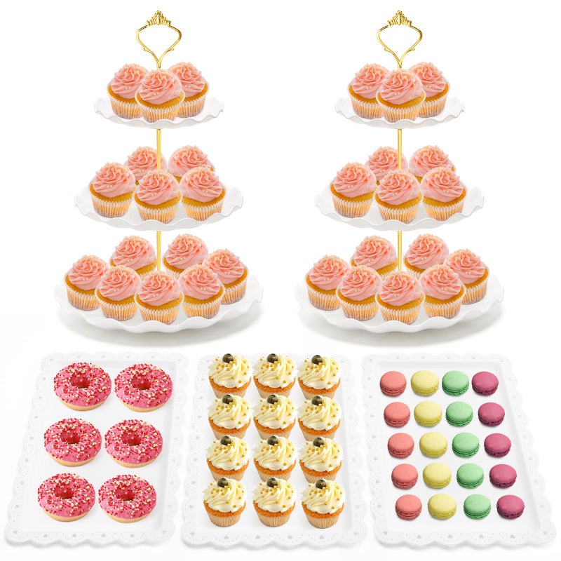 Coitak 5 Pieces Cupcake Stand Set 2 Pieces 3 Tier Cupcake Stands with 3 Pieces Appetizer Trays Dessert Table Display Set for Tea Party Baby Shower and Wedding