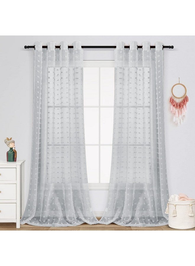 House of Quirk Pom Pom Grommet Sheer Curtains 9 Feet 2 Panels for Living Dining Room Textured Curtain for Bedroom Light Filtering Semi Sheer Voile Boho Curtain Panels Pack of 2 (Grey, 108 Inch) - Image 1