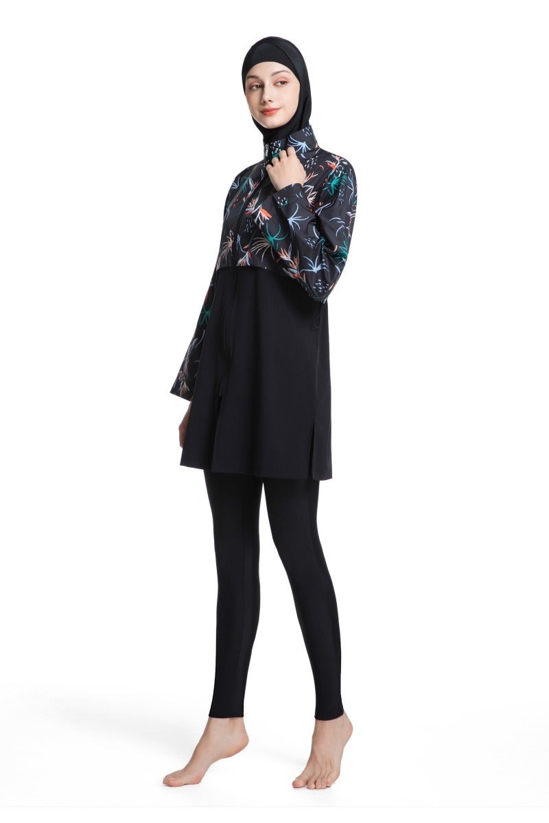 طقم سباحة محافظ من ثلاثة قطع للنساء المسلمات، صيفي، مريح، مضاد للأشعة فوق البنفسجية، بأكمام طويلة وسحّاب، ملابس شاطئية خفيفة الوزن... - Image 1