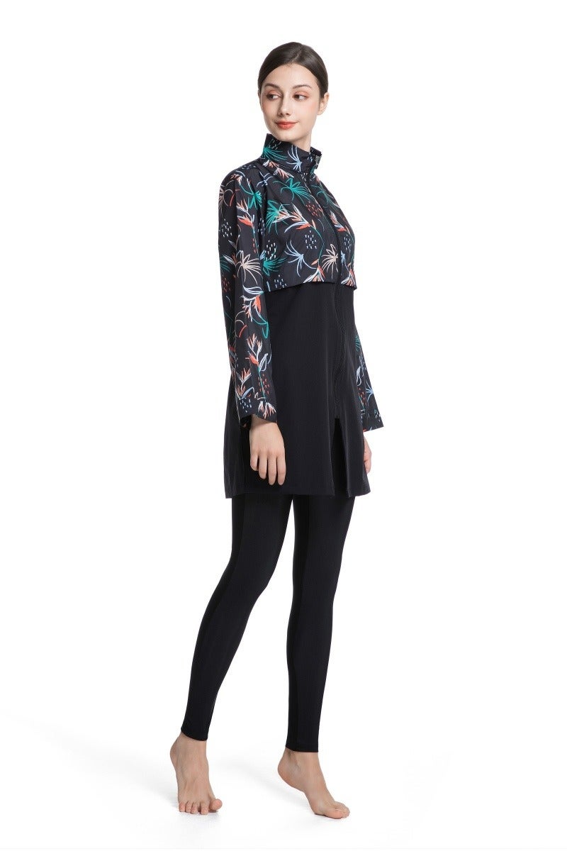 طقم سباحة محافظ من ثلاثة قطع للنساء المسلمات، صيفي، مريح، مضاد للأشعة فوق البنفسجية، بأكمام طويلة وسحّاب، ملابس شاطئية خفيفة الوزن... - Image 2