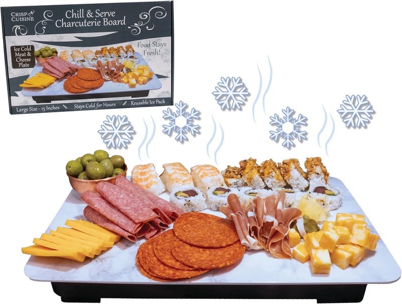 Johnny World Chill & Serve Charcuterie Board Set with Reusable Ice Pack - Elegant Marble Design - Keeps Cheese, Meat, Veggies, & Sushi Fresh and Cold - Perfect for Parties, & Entertaining - Image 1