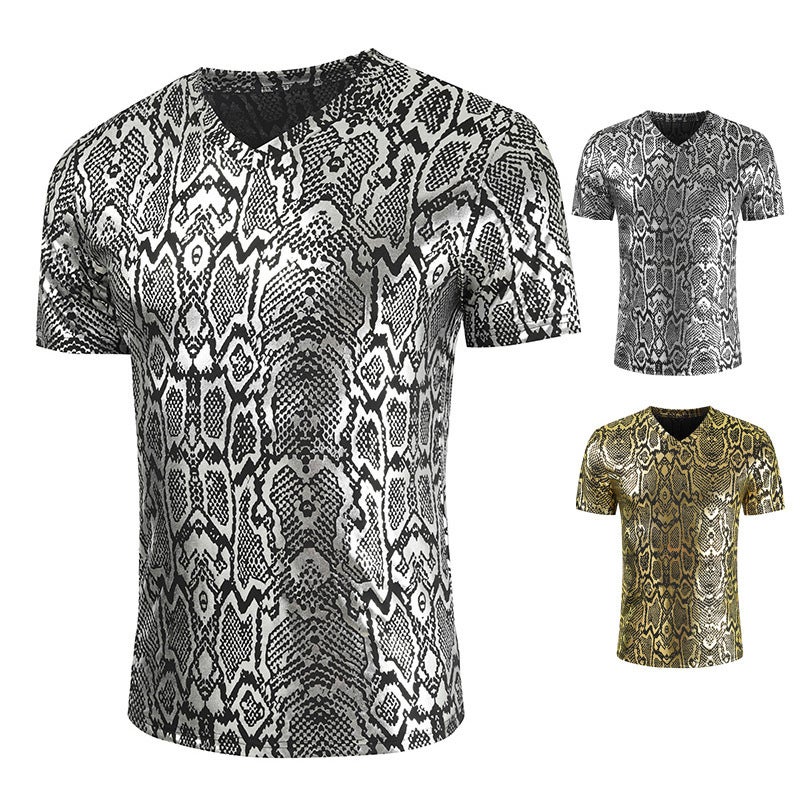 Summer Casual Banquet Python Pattern Fashion Slim Short-Sleeved V-Neck Glossy Men's T-Shirt Dl512 - Image 4
