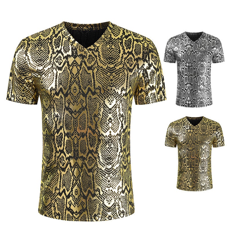 Summer Casual Banquet Python Pattern Fashion Slim Short-Sleeved V-Neck Glossy Men's T-Shirt Dl512 - Image 2