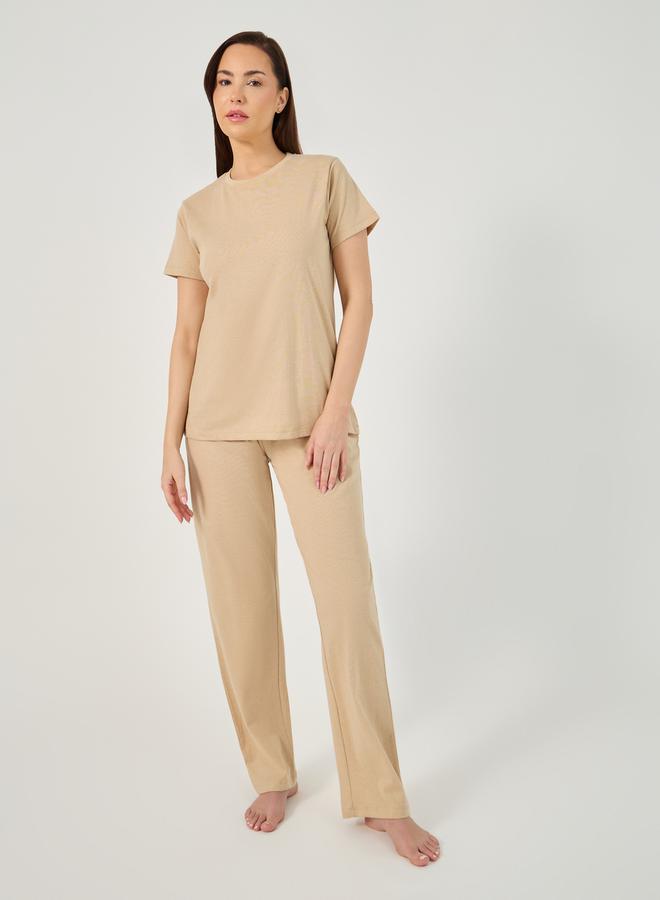 Styli Solid Round Neck T-Shirt and Pyjama Set - Image 1