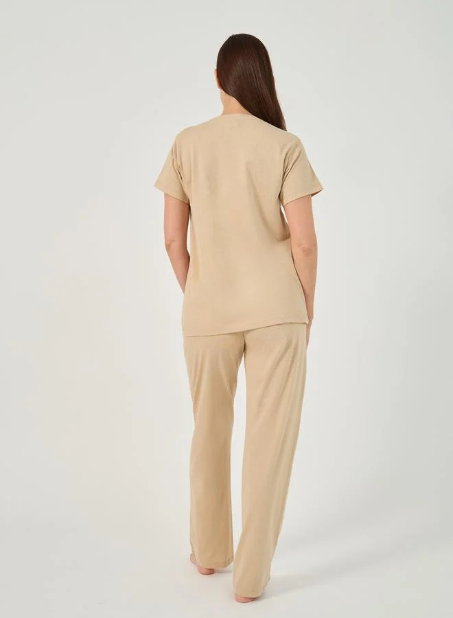 Styli Solid Round Neck T-Shirt and Pyjama Set