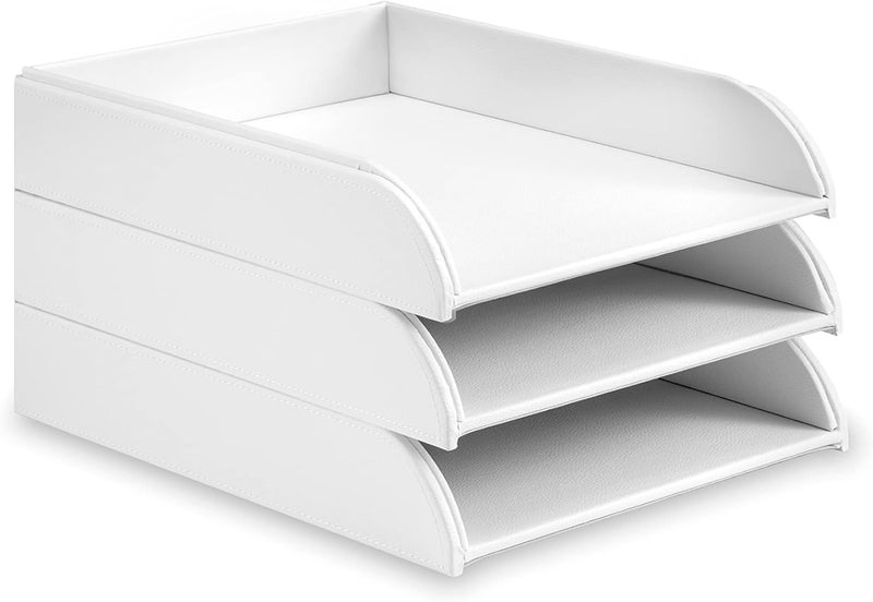 OSCO White Faux Leather Letter Tray | A4 | Easily Stackable | Desk File Organiser | Paper Storage | Office Document Sorter | Paperwork Filing | No Risers Required | H6.3 x W24.5 x D 33.0 cm | Durable versatile substance - Image 3