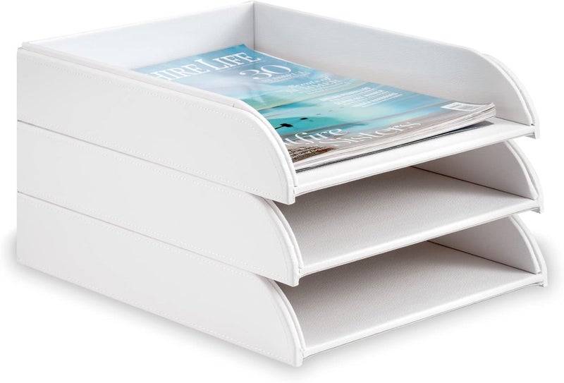 OSCO White Faux Leather Letter Tray | A4 | Easily Stackable | Desk File Organiser | Paper Storage | Office Document Sorter | Paperwork Filing | No Risers Required | H6.3 x W24.5 x D 33.0 cm | Durable versatile substance - Image 4
