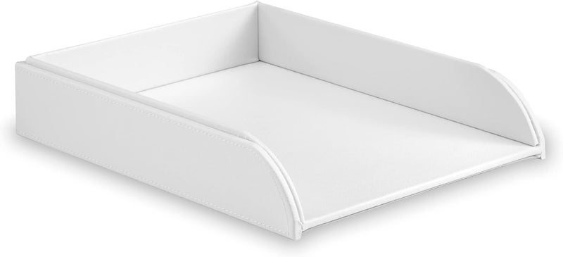 OSCO White Faux Leather Letter Tray | A4 | Easily Stackable | Desk File Organiser | Paper Storage | Office Document Sorter | Paperwork Filing | No Risers Required | H6.3 x W24.5 x D 33.0 cm | Durable versatile substance - Image 1