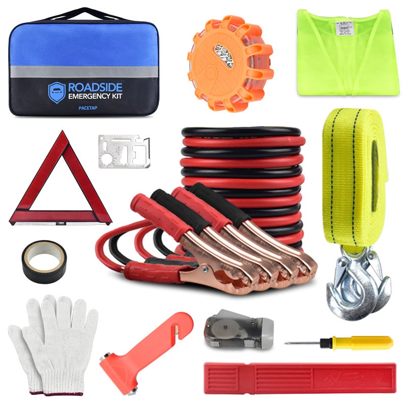 PACETAP Car Roadside Emergency Kit Essential Auto Safety Road Side Assistance Tool Kit with LED Road Flare Jumper Cables Towing Rope Triangle and More Winter Vehicle Accessories