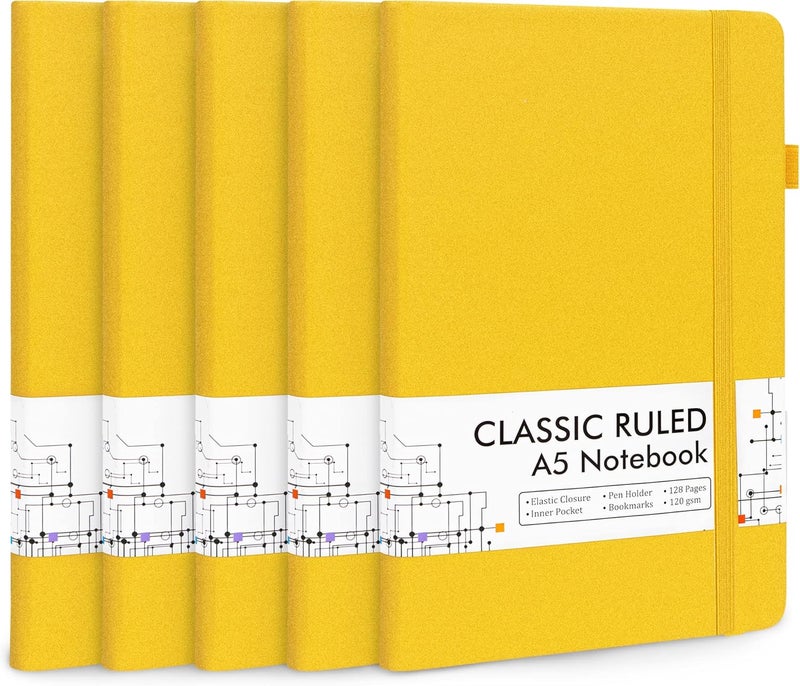 Feela 5 Pack Journal Notebook Bulk for School, Hardcover Business Notebooks Classic Ruled Lined Journals with Pen Holder for Work Note Taking, with 5 Black Pens, 120 GSM, 5.1”x8.3”, A5, Yellow - Image 1
