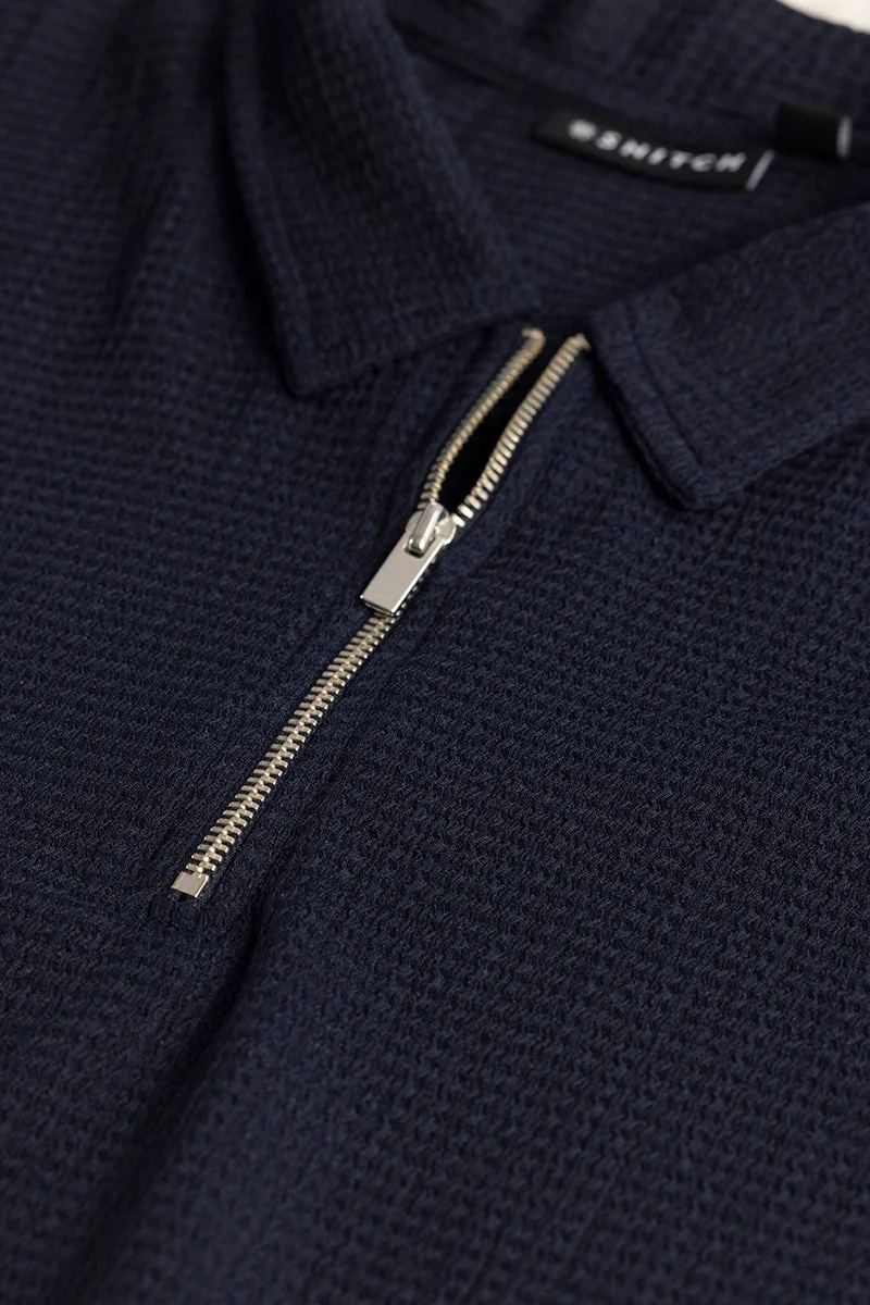 سنيتش Navy Textured Half Sleeve Slim Fit Streetwear T-Shirt