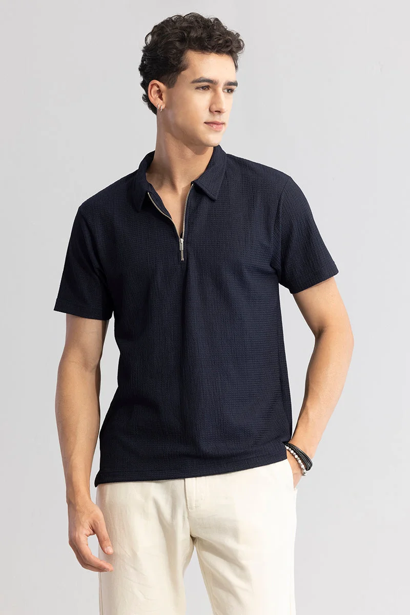 سنيتش Navy Textured Half Sleeve Slim Fit Streetwear T-Shirt