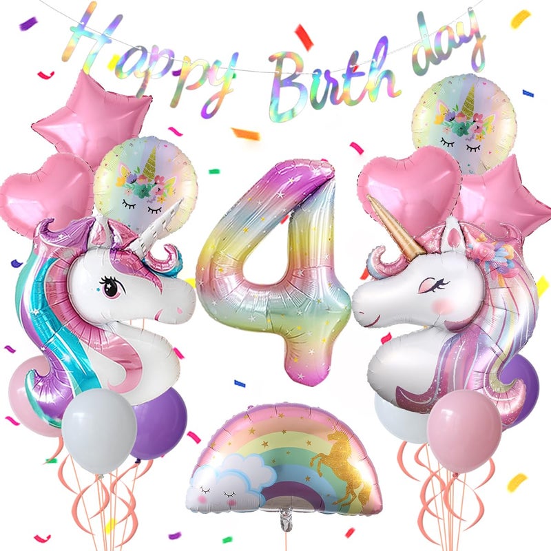 Heukikt Unicorn 4th Birthday Party Decorations for Girl Purple Pink Theme Balloon Set Large Rainbow Unicorn Helium Balloons with Heart and Star Baby Shower Kids Supplies number 4 set - Image 2